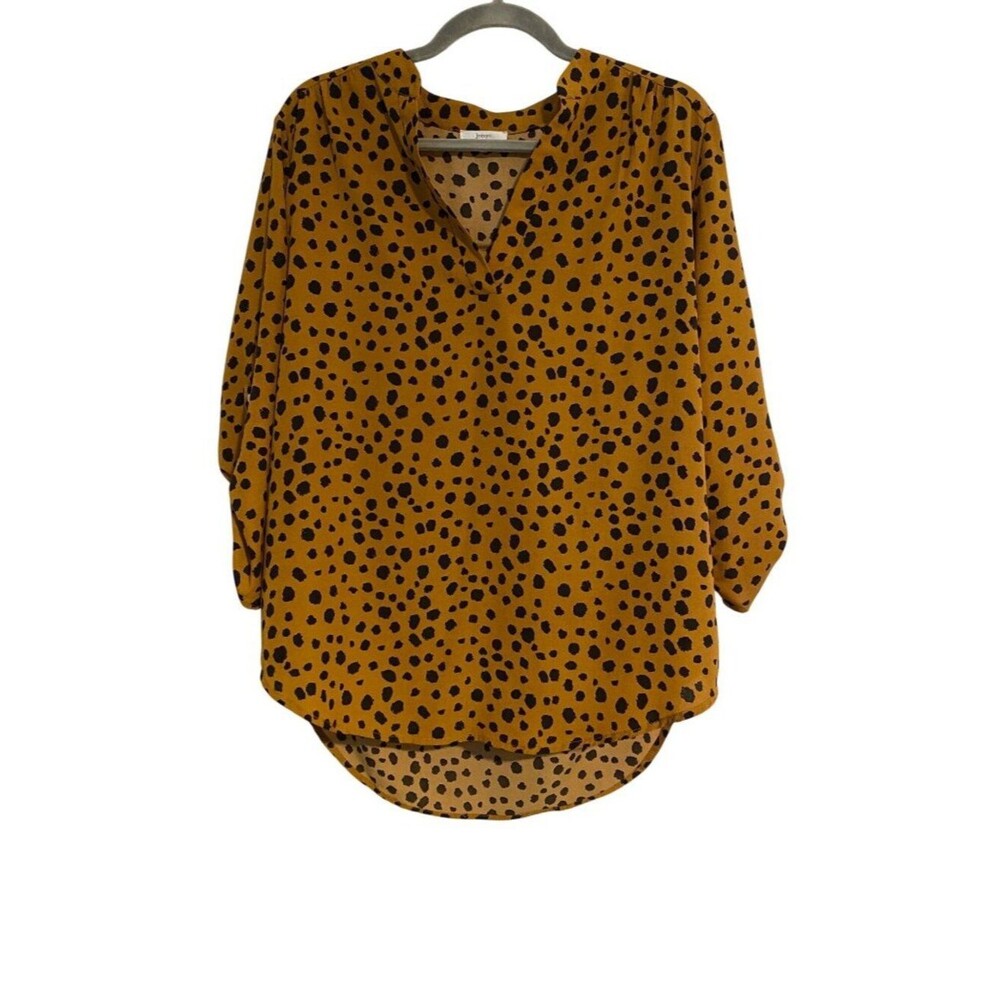 Jodifl Women's S Gold Black Tunic Top Leopard Print V-Neck Curved Hem Tribal